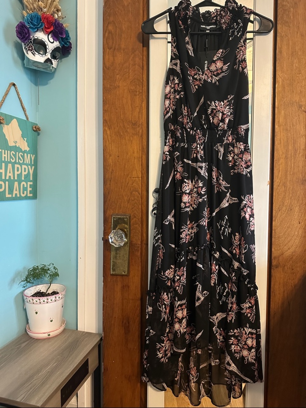 Karl Lagerfeld Paris Black Floral Maxi Dress with Pink Bouquet Print
